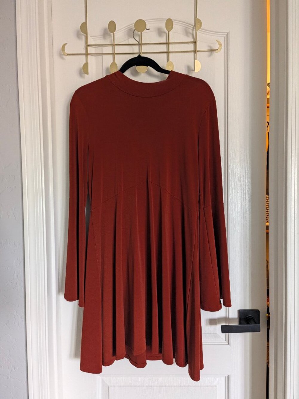 BCBGeneration Rust Bell Sleeve Mock Neck Fit & Flare Dress – Long Sleeve Mini L